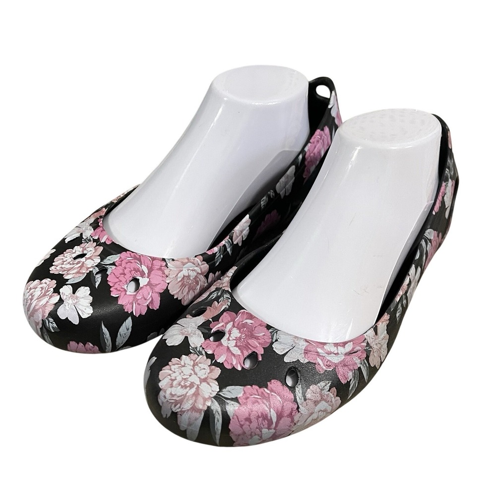 Crocs Kadee II Floral Flower Ballet Flats Women's Size 9 Black Pink Mary Jane